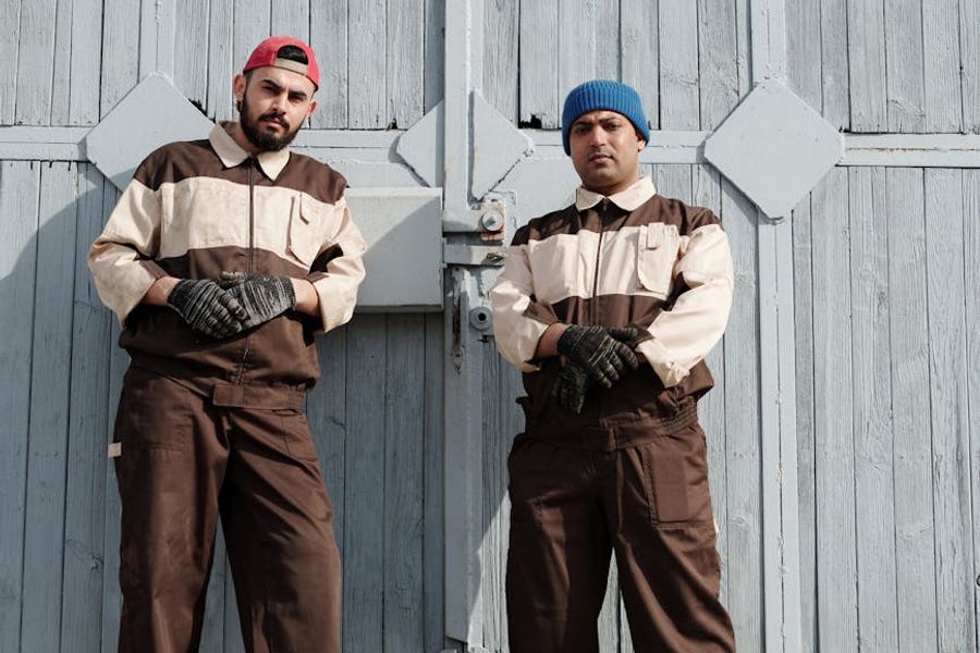 Team members standing together outdoors in professional setting